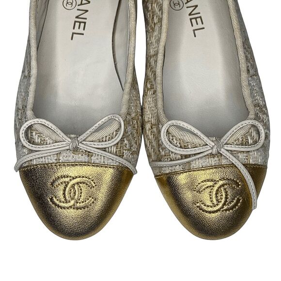 Chanel Tweed & Gold Cap Toe Ballet Flats 37C Classic Logo Flats Interlocking C - Picture 4 of 13